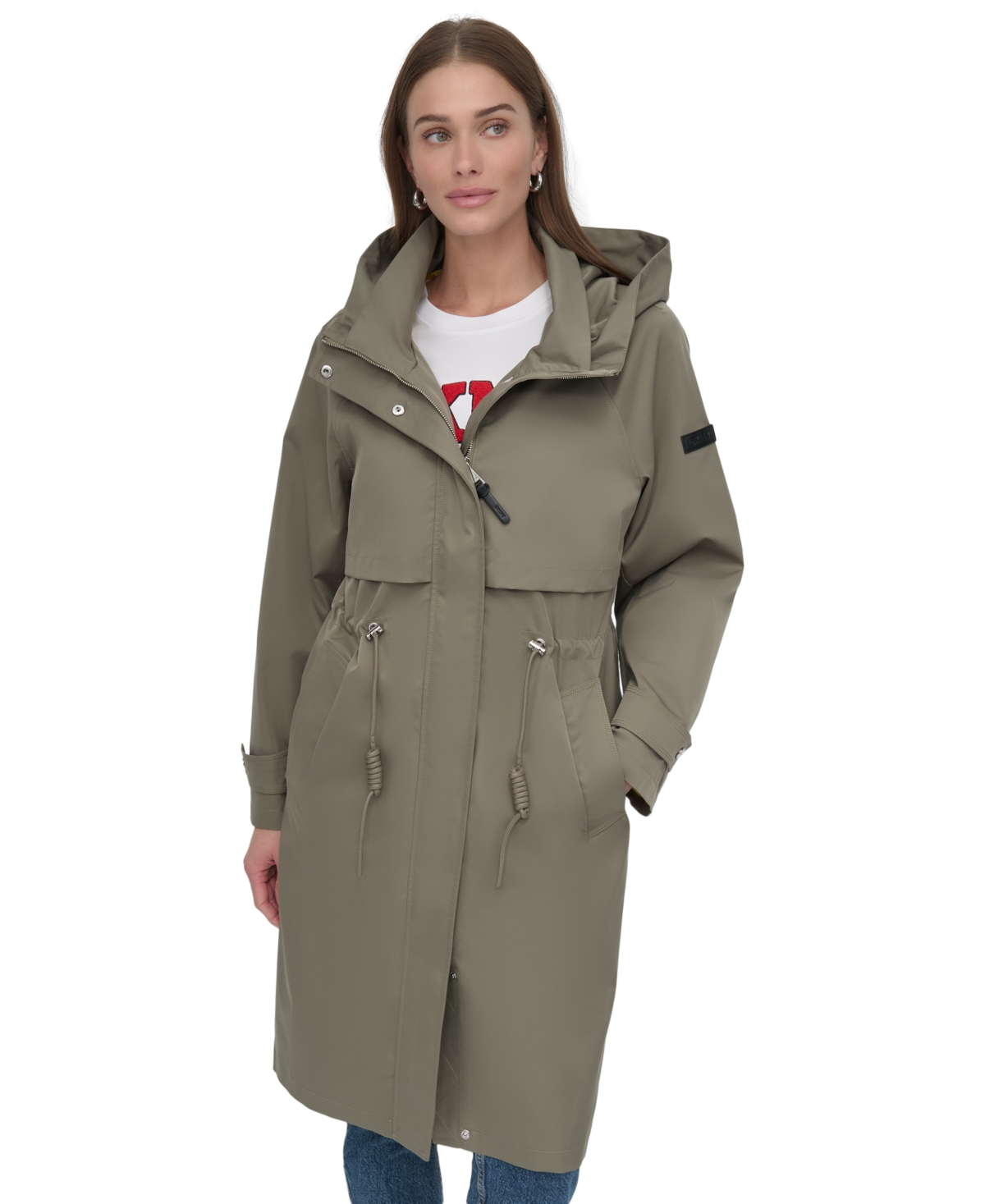 Shop Dkny Women's Hooded Zip-front Long Anorak Coat In Thyme