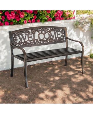 Floral Back Metal Patio Bench – Outdoor Weather-Resistant Garden Seat with  Welcome  Design
