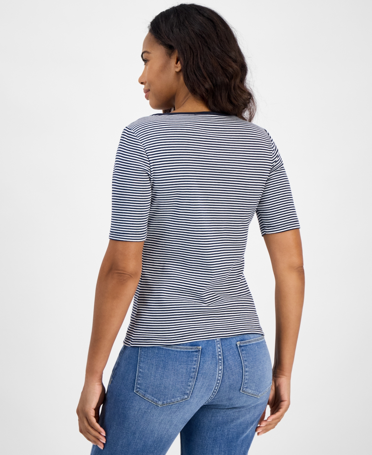 Tommy Hilfiger Women's Striped Cotton Lace-up Top In Sky Captain,bright White