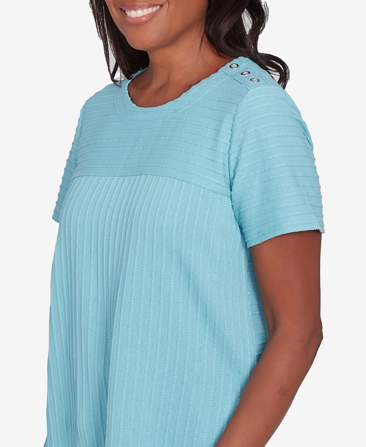 Alfred Dunner Petite Classics Solid Textured Short Sleeve T-shirt In Aqua