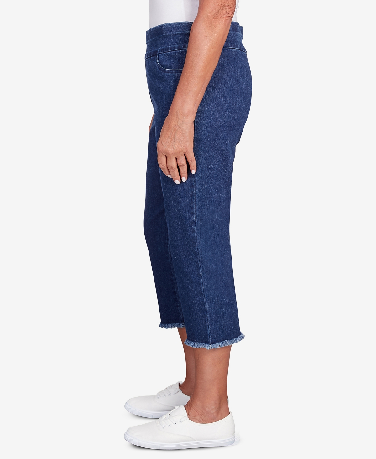 Alfred Dunner Petite Classic Neutrals Superstretch Denim Fringe Capri Pants In Dark Denim