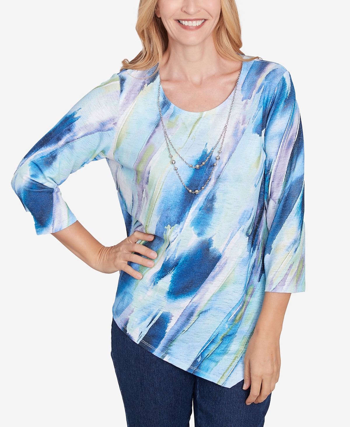 Women's Classic Diagonal Brushstroke Top with Necklace - Navy Multi