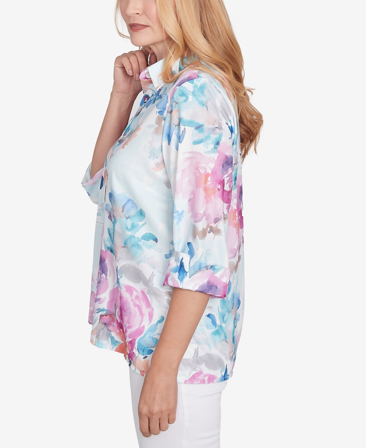 Alfred Dunner Women's Classic Floral Watercolor Button Down Top In Iris