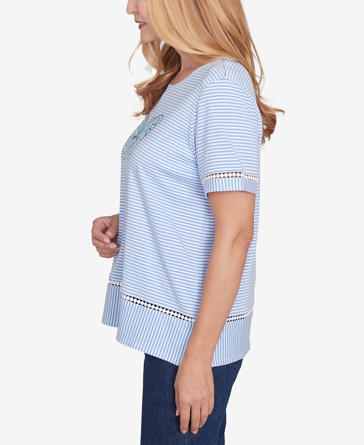 Alfred Dunner Petite Classics Striped Butterfly Short Sleeve T-shirt In Iris