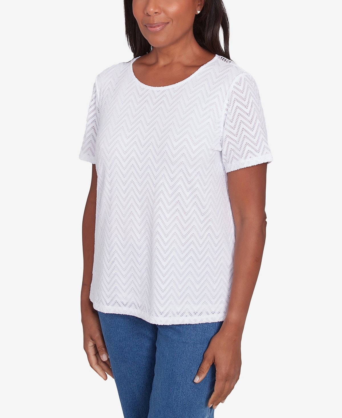 Alfred Dunner Petite Classics Textured Chevron Lace Back T-shirt In White
