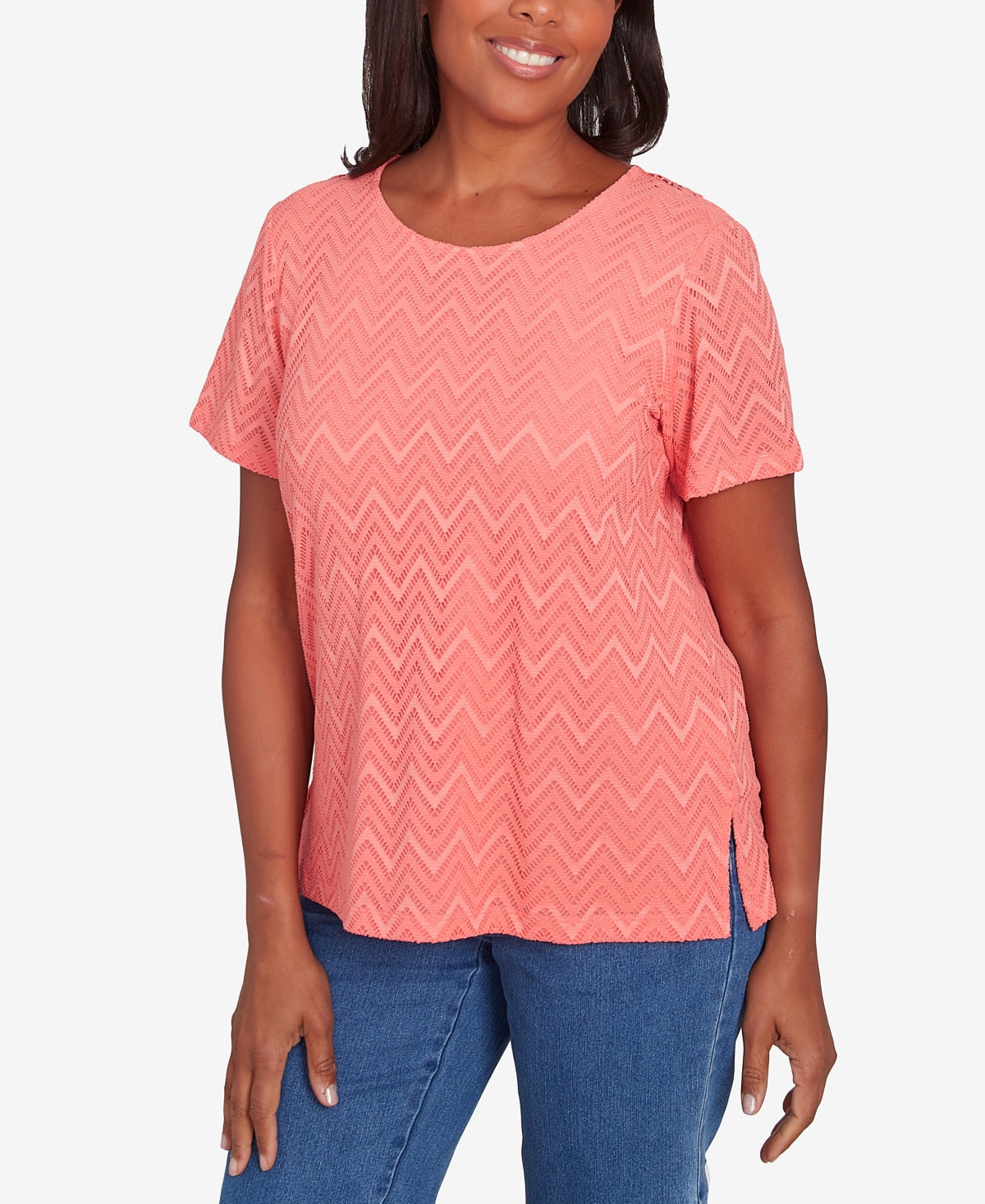 Alfred Dunner Petite Classics Textured Chevron Lace Back T-shirt In Coral