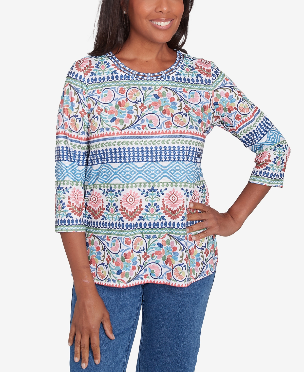 Women's Classic Knit Scroll Geometric Crewneck Top - Navy Multi