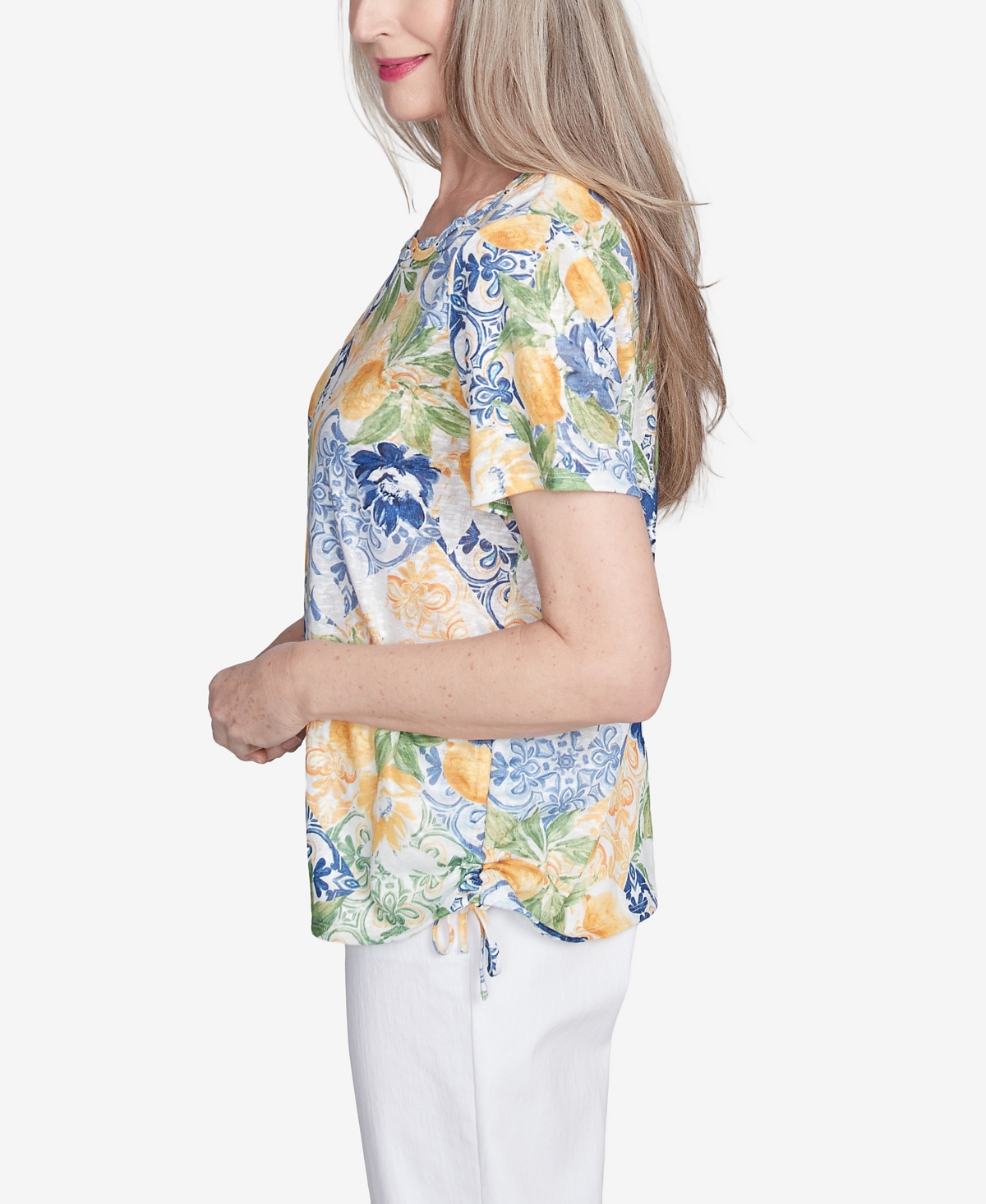 Alfred Dunner Plus Size Pleated Neck Lemons Short Sleeve Top In Yellow