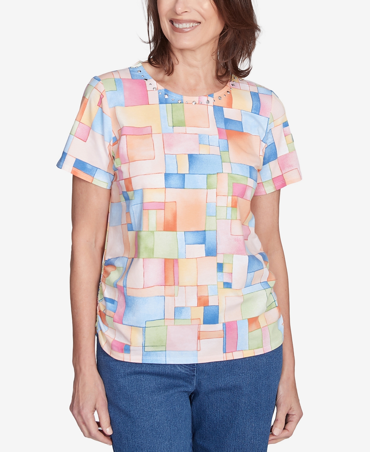 Alfred Dunner Women's Color Block Tile Top With Side Ruching In Pastel