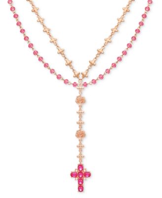Color Stone & Imitation Pearl Cross Layered Lariat Necklace, 24" + 2" extender