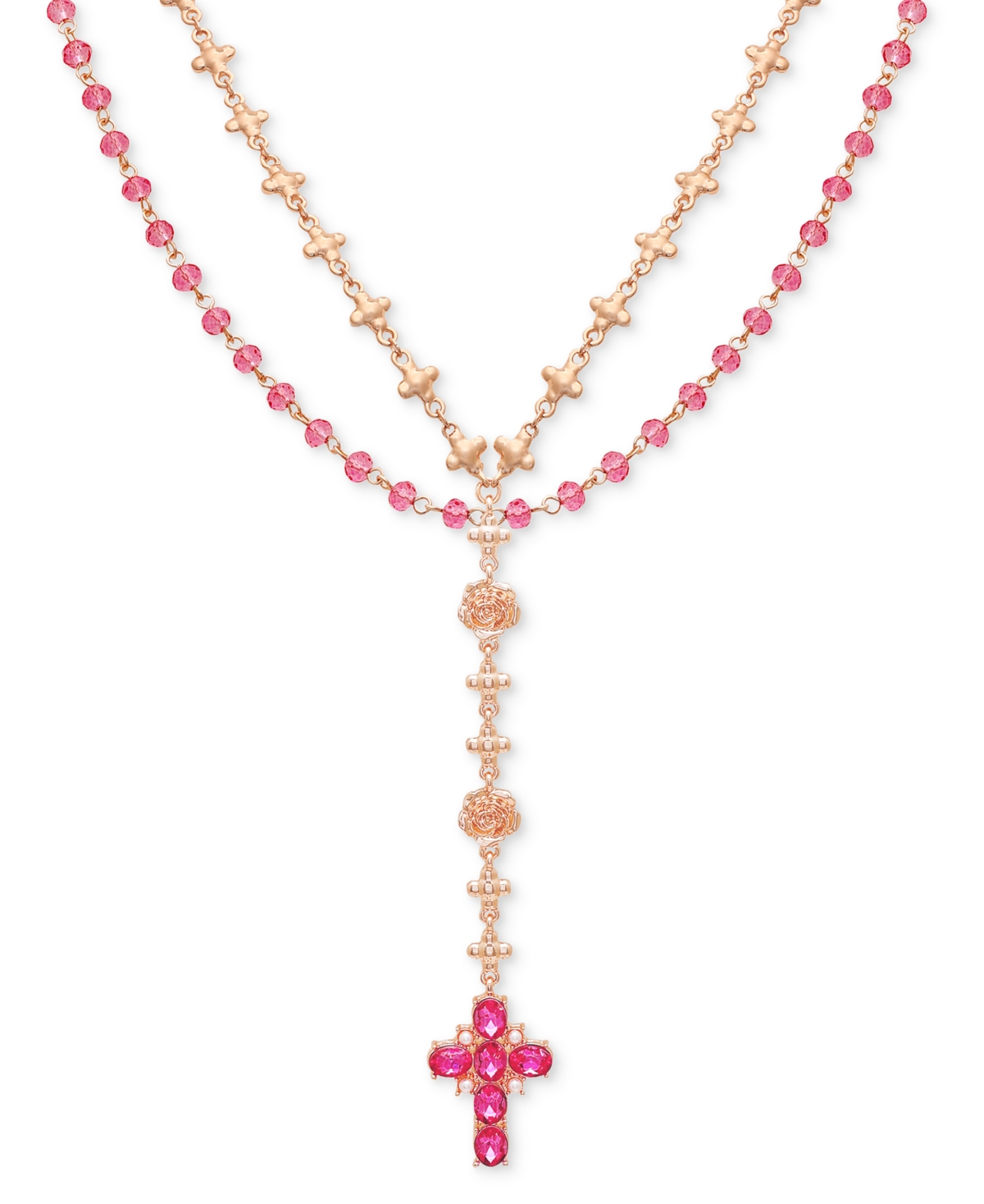 GUESS COLOR STONE & IMITATION PEARL CROSS LAYERED LARIAT NECKLACE, 24" + 2" EXTENDER 