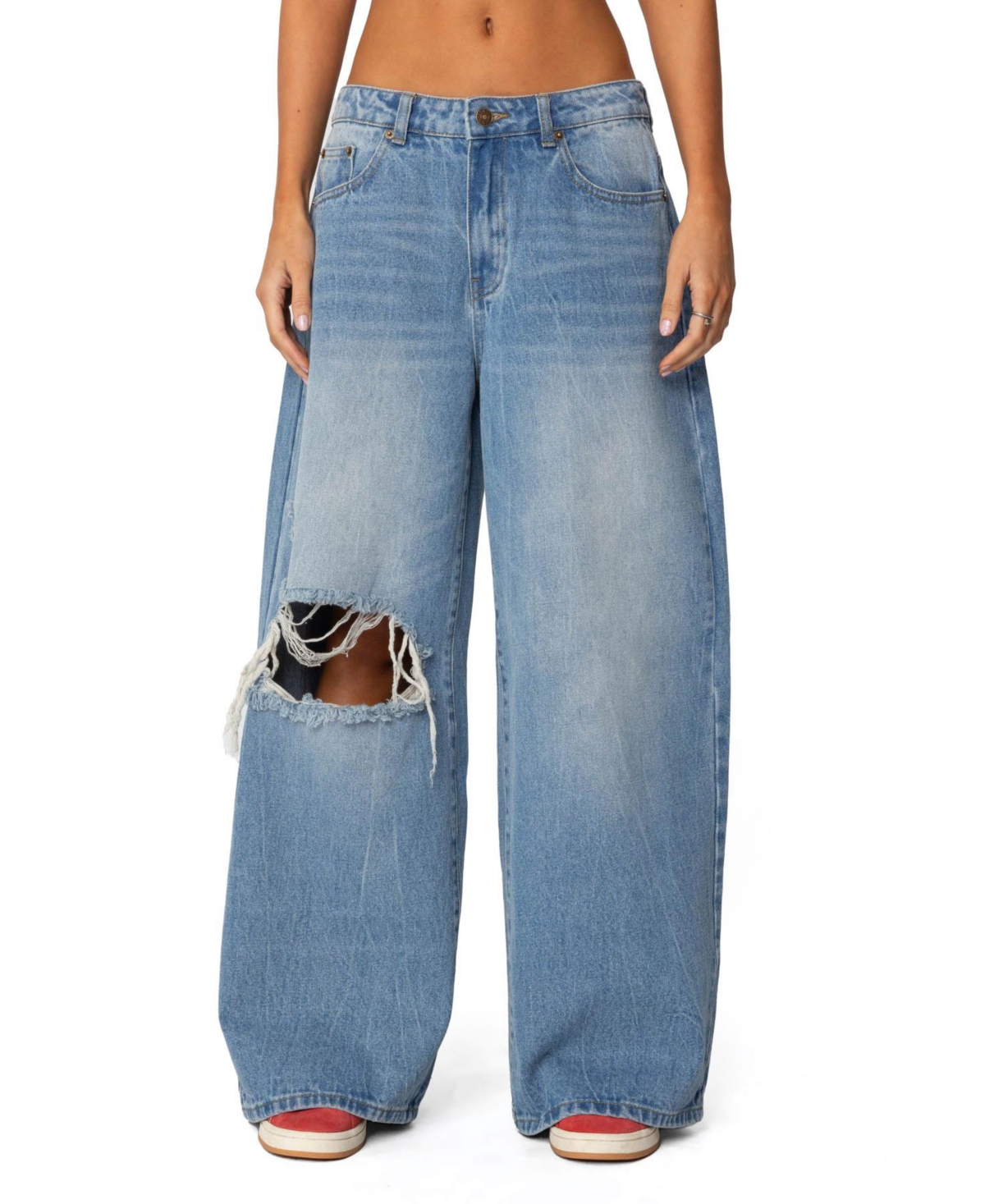 Womens Distressed Low Rise Baggy Jeans - Blue-washed
