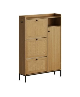 Shoe Cabinet, Natural Rattan Freestanding Shoe Organizer with 3 Flip-out Drawers and 4 Open Shelves Side Cabinet, Slim Wood Shoe Rack with Metal Legs for Entryway, Hallway, Living Room