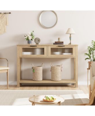 Entryway Table, Wood Console Table with 2 Glass Drawers