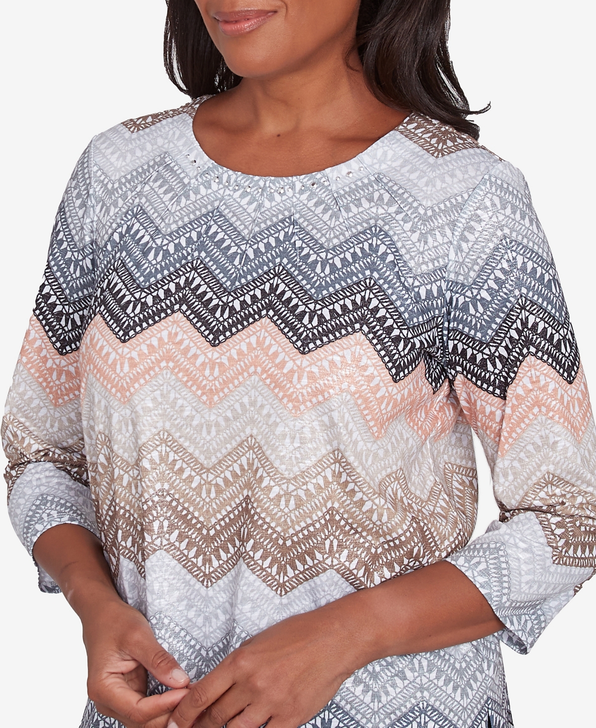 Alfred Dunner Petite Classics Lacey Ombre Chevron Crewneck Top In Tan