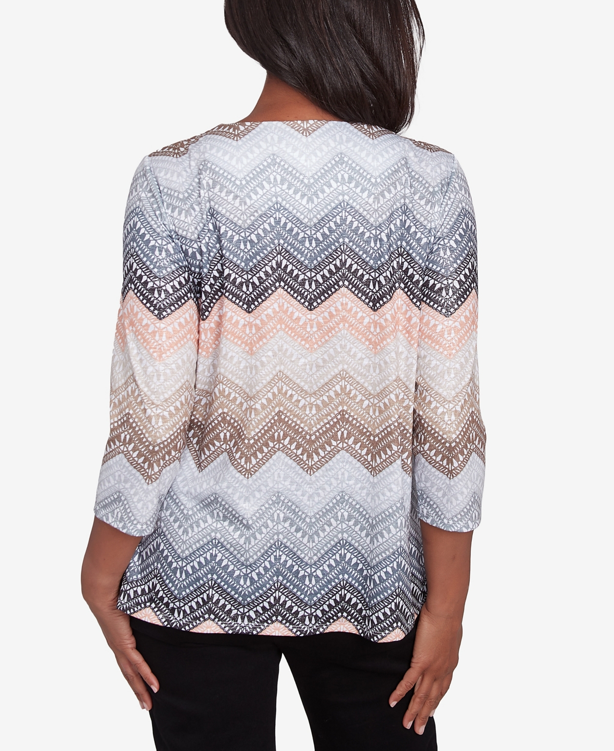 Alfred Dunner Petite Classics Lacey Ombre Chevron Crewneck Top In Tan