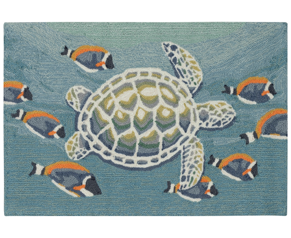 Liora Manne Frontporch Turtle And Fish 2'6"x4' Area Rug In Ocean