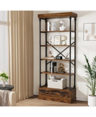 Bookshelf with Drawers Tall Bookcase 5 Tier Bookshelves Vintage Bookshelf