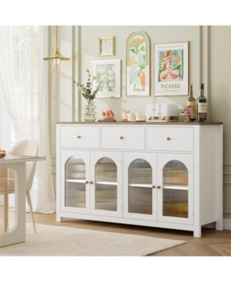 Buffet Cabinet with Storage, 55.1" Large Sideboard Buffet Cabinet, Farmhouse Kitchen Cabinet Display Cabinet with 3 Drawers and 4 Doors, Wood Coffee Bar Cabinet for Kitchen Dining Room,White