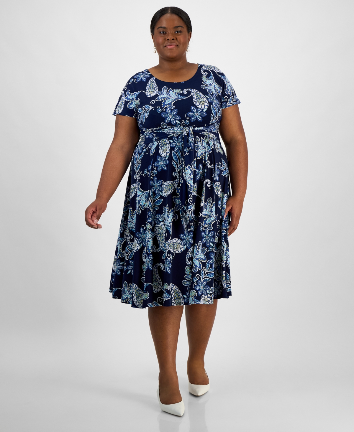 ROBBIE BEE PLUS SIZE PRINTED SHORT-SLEEVE MIDI DRESS 