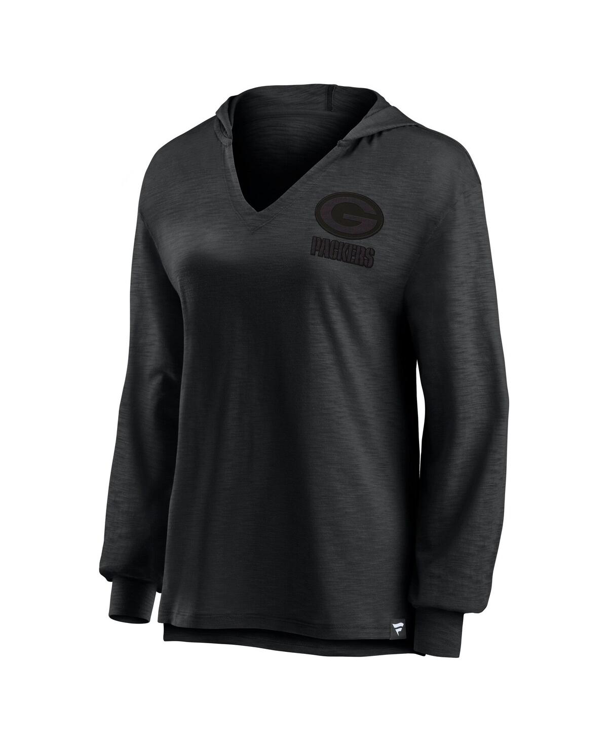 FANATICS WOMEN'S GREEN BAY PACKERS BLACKOUT SLUB HOODIE V-NECK LONG SLEEVE T-SHIRT