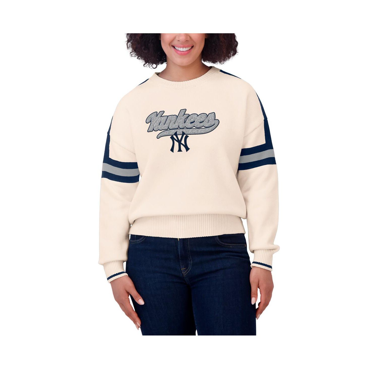 Women's Cream New York Yankees Stripe Pullover Sweater
