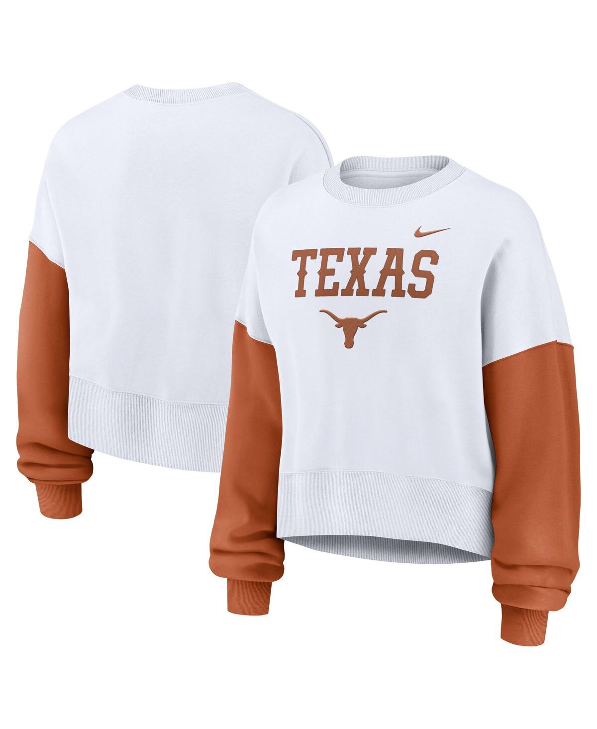 Nike Women's White Texas Longhorns Color-block Oversized Cropped Pullover Sweatshirt In White