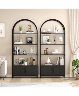 4 Tier Bookshelf, Arched Bookcase with Doors Storage