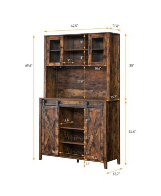 70" Farmhouse Bar Wine Cabinet with Sliding Barn Doors, Coffee Liquor Cabinets with Storage Shelves and Glasses Rack for Kitchen, Dining Room