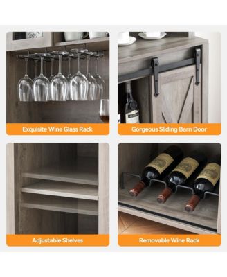 70" Farmhouse Bar Wine Cabinet with Sliding Barn Doors, Coffee Liquor Cabinets with Storage Shelves and Glasses Rack for Kitchen, Dining Room
