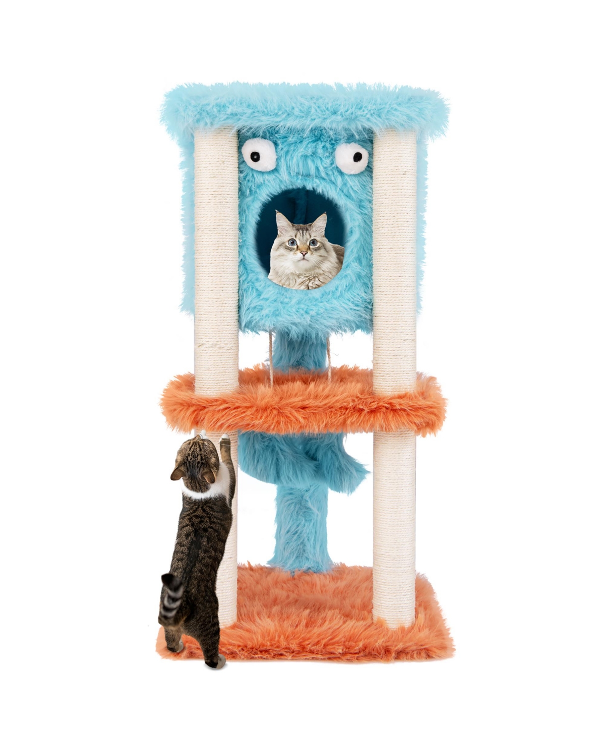 Monster-Themed Cat Tree w/ Private Condo Soft Long Plush Sisal Scratching Posts - Blue+orange+light beige