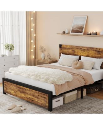 Full Bed Frame, Platform Full Size Bed Frame with Wood Headboard