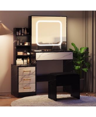 Vanity Desk with Mirror and LED Lights, Makeup Vanity Desk with Sliding Lighted Mirror, Power Outlet, Dressing Table with 4 Drawers