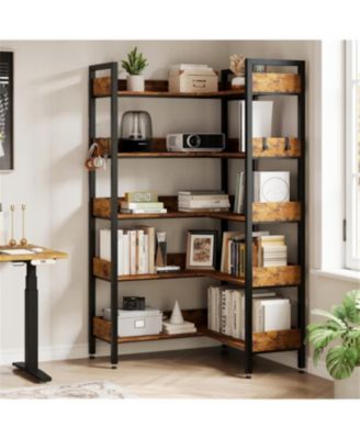 Corner Bookshelf, 5-Tier Bookshelves with 4 Hooks, Convertible Bookshelf
