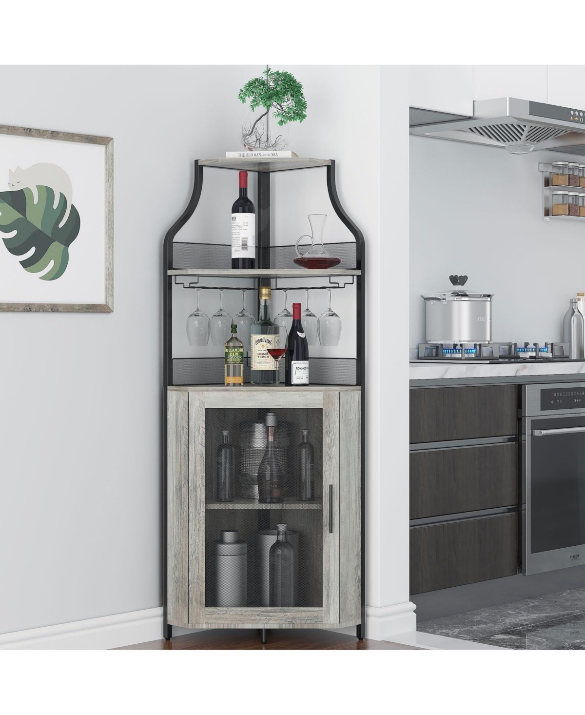 gaomon Corner Wine Bar Rack Cabinet with Detachable Wine Rack, Home Bar Cabinet with Barn Door and Adjustable Shelf, Wine Bar Cabinet and Buffet Cabin