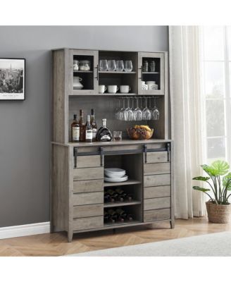 70'' Tall Farmhouse Coffee Bar Cabinet, Kitchen Hutch Storage with Sliding Barn Door, Kitchen Buffet with Wine Rack, Glass Holder, Wine Bar Cabinet for Dining Room, Living Room