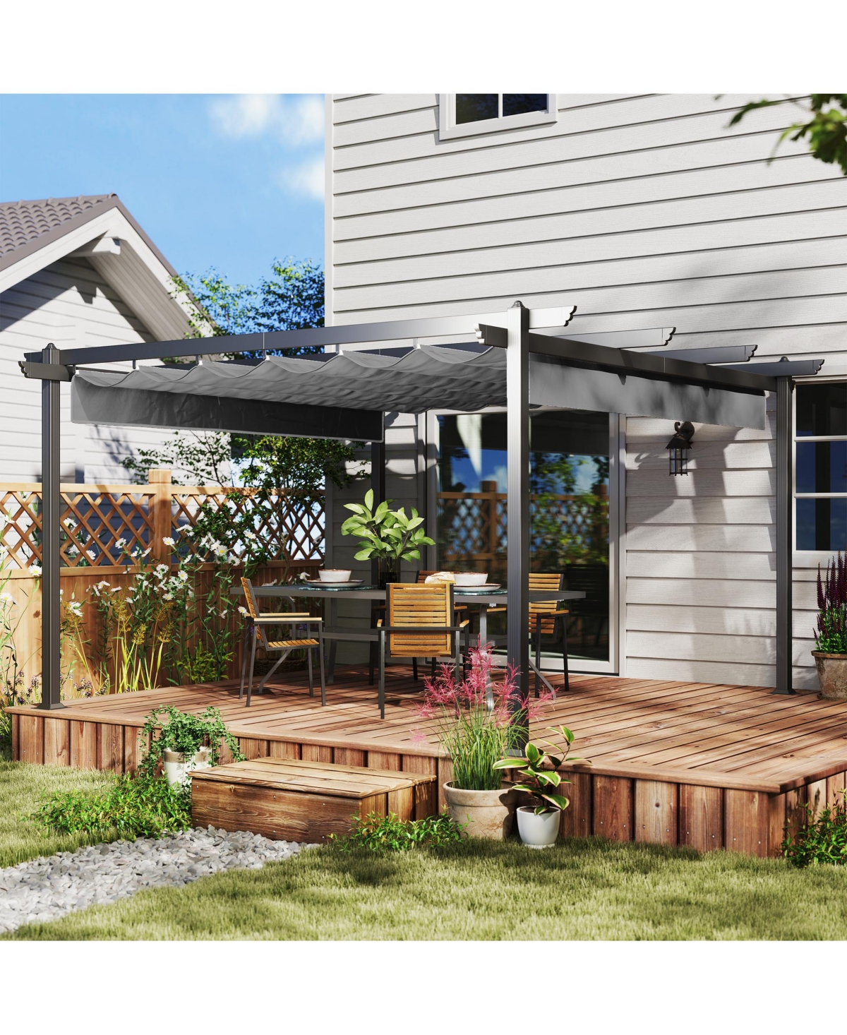 13' x 13' Aluminum Pergola with Retractable Canopy, - Gray