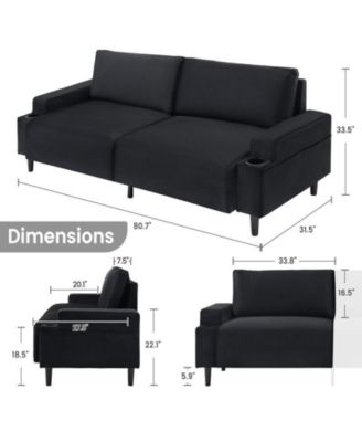 80.7" Modern Square Armrest Cushioned Sofa with Storage Bag and Cup Holders, Small Couch Mid Century for Living Room, Apartment and Office