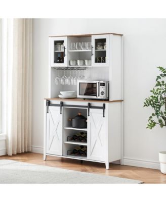 Farmhouse Bar Wine Cabinet with Sliding Barn Doors, Coffee Liquor Cabinets with Storage Shelves and Glasses Rack for Kitchen, Dining Room