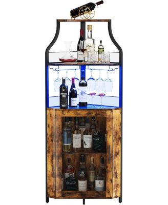 Corner Bar Cabinet - Wine Bar Cabinet with LED Strip and Glass Holder 5-Tiers Storage Space Corner Liquor Cabinet Industrial Wine Cabinet
