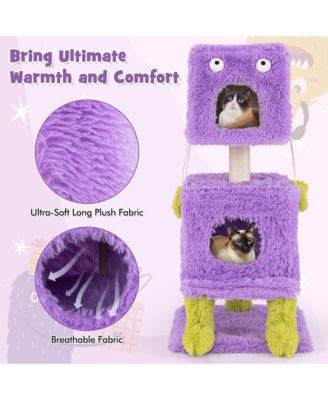 Cat Tree Cute Monster-Themed Cat Tower w/ 2 Private Condos & Soft Long Plush