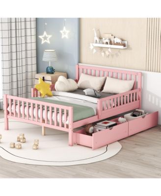 Wood Platform Bed with Guardrails on Both Sides and Two Storage Drawers