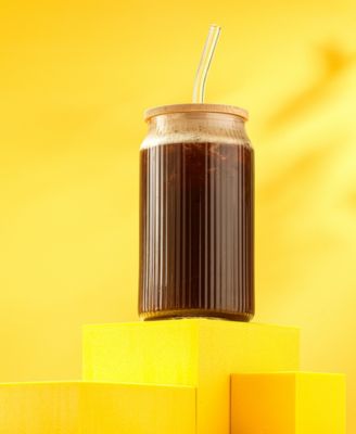 Fluted Glass Tumblers with Bamboo Lids and Straws, Set of 4