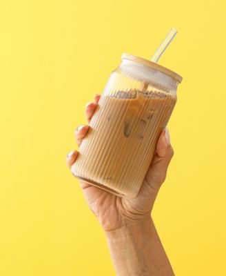 Fluted Glass Tumblers with Bamboo Lids and Straws, Set of 4