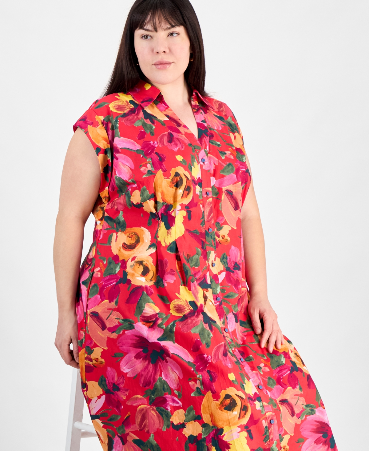 Julia Jordan Plus Size Floral-print Button-down Shirtdress In Red Multi
