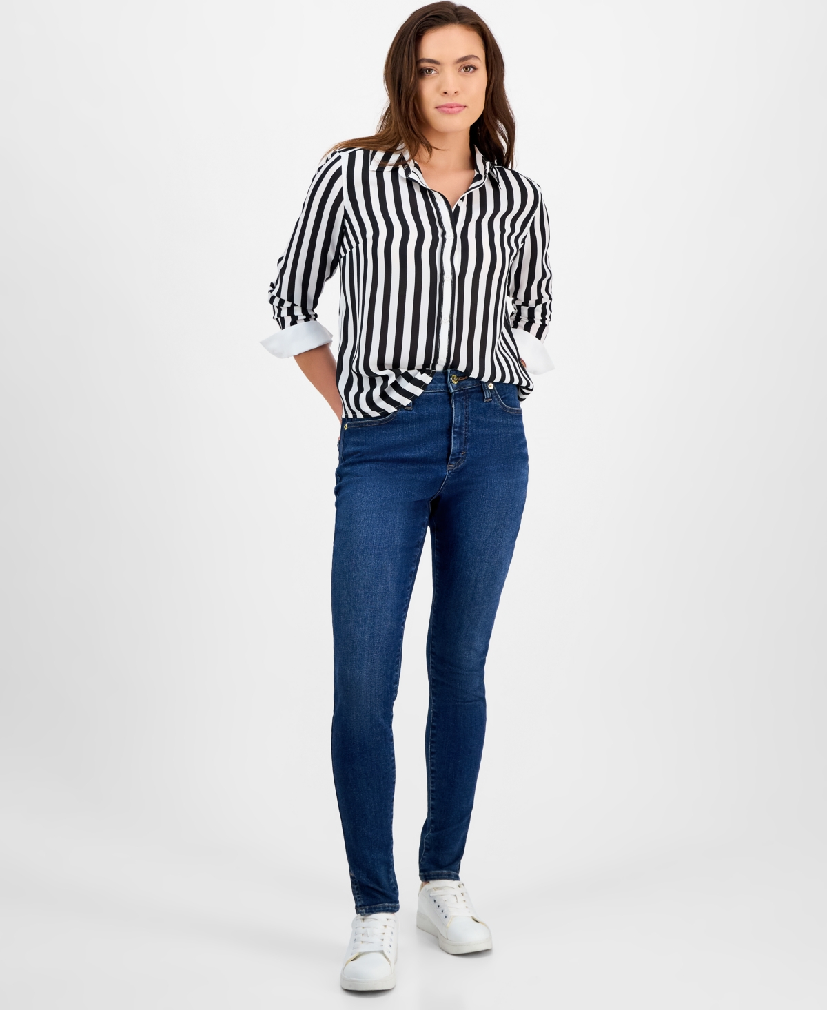 Inc International Concepts Petite Striped Contrast-cuff Shirt, Exclusively At Macy's In Anna Strip