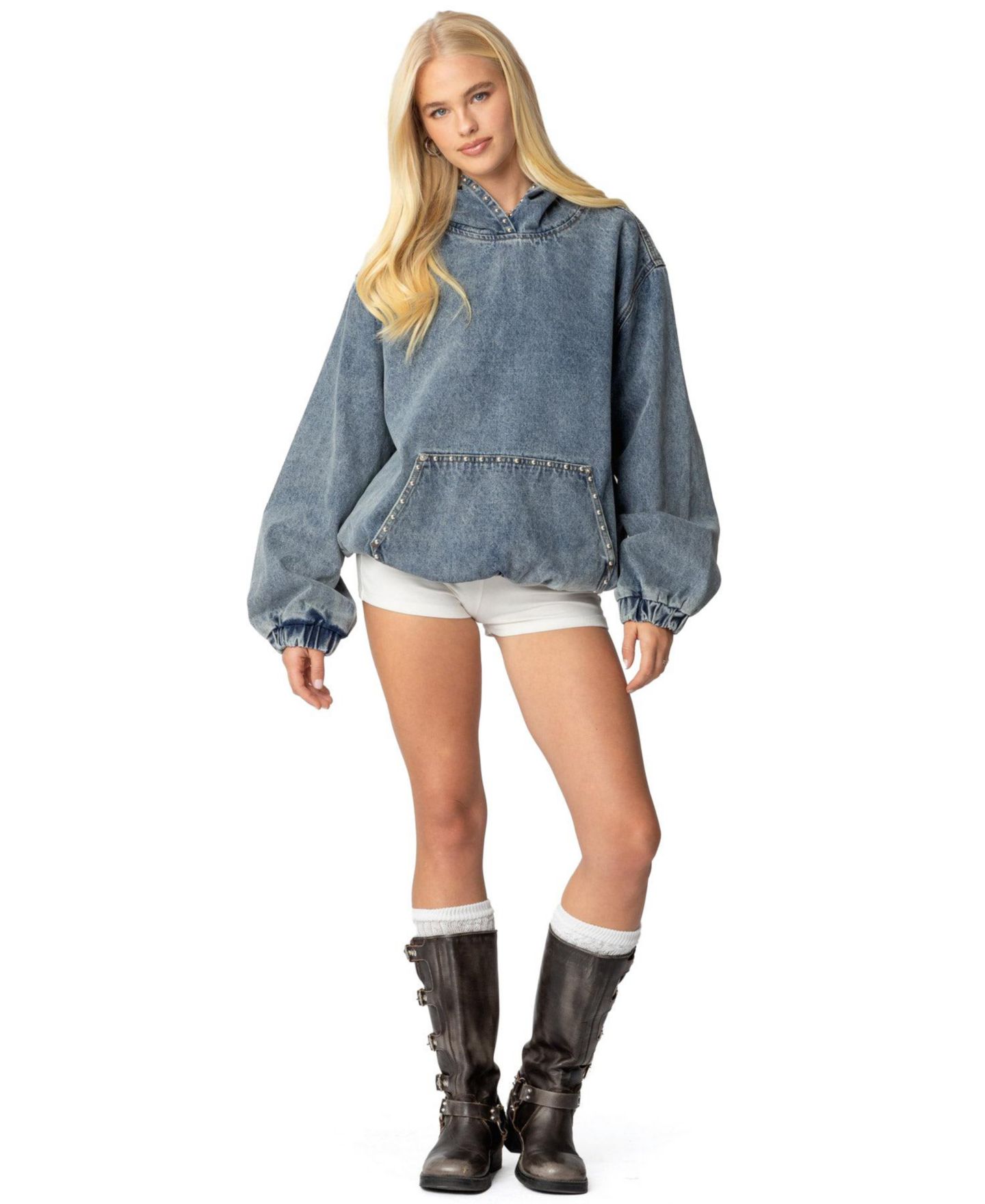 Женское худи Edikted Marney Oversized Studded Denim, цвет: Синий — фото 4