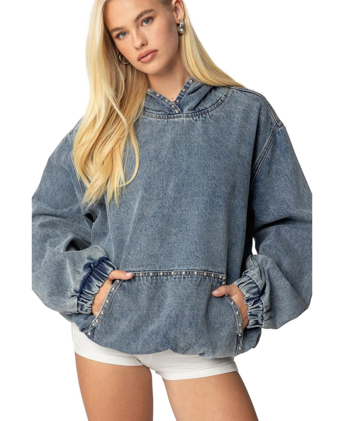 Womens Marney Oversized Studded Denim Hoodie - Blue