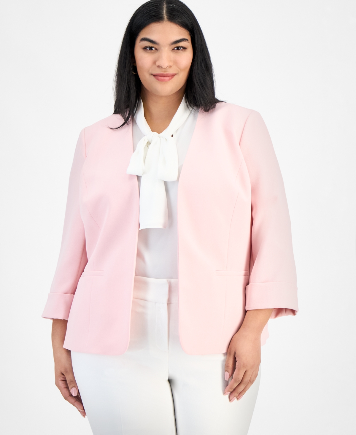 Plus Women's Cuffed-Sleeve Open-Front Blazer - Tutu Pink