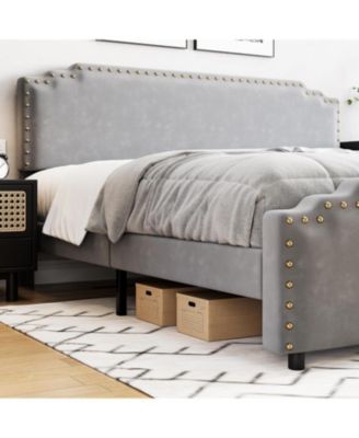 Queen Size Bed Frame with Headboard, Velvet Upholstered Platform Bed with Rivet Decor, Heavy Duty, No Box Spring Needed, Easy Assembly